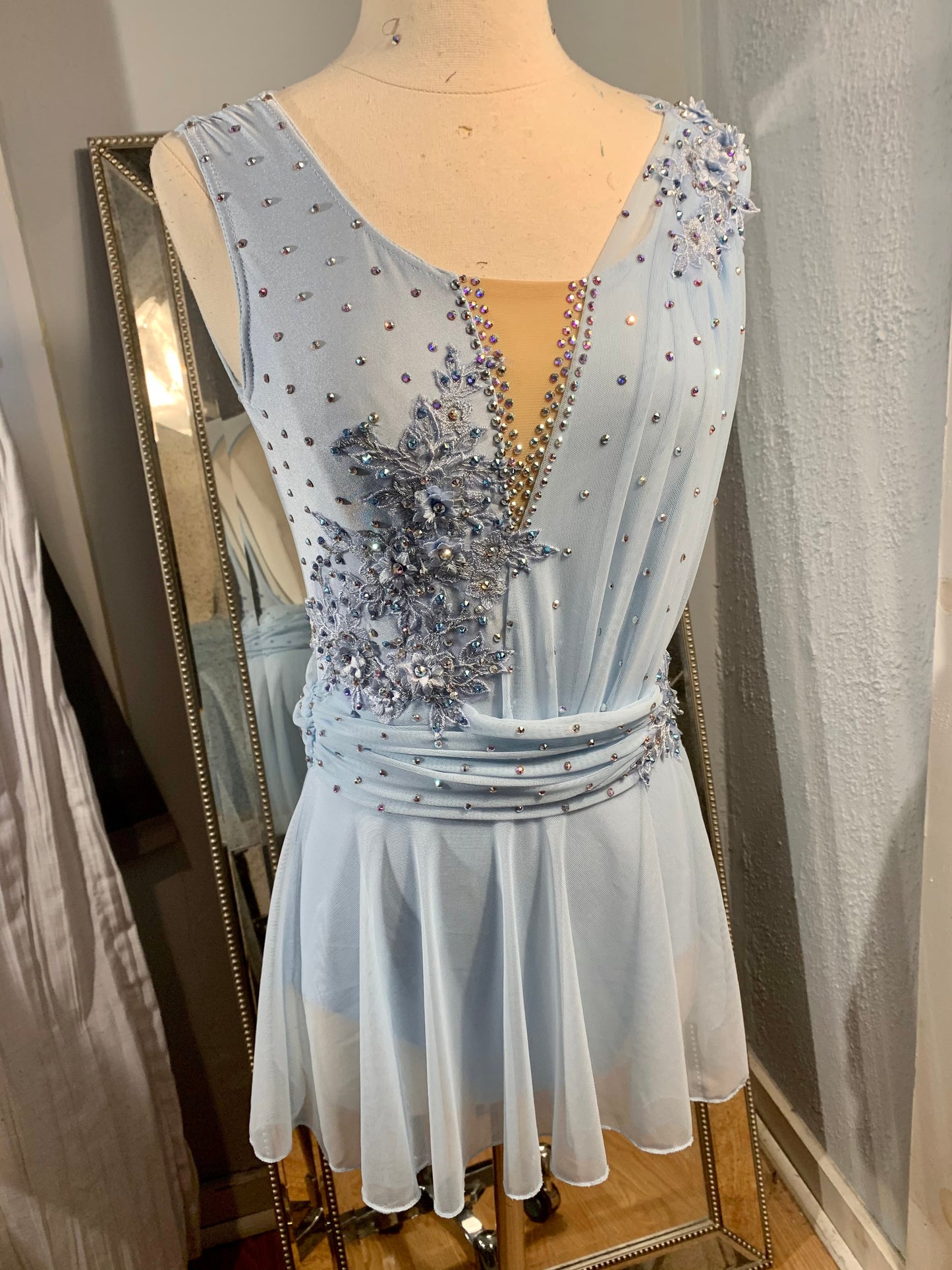 BELLE sky blue appliqued figure skating dress