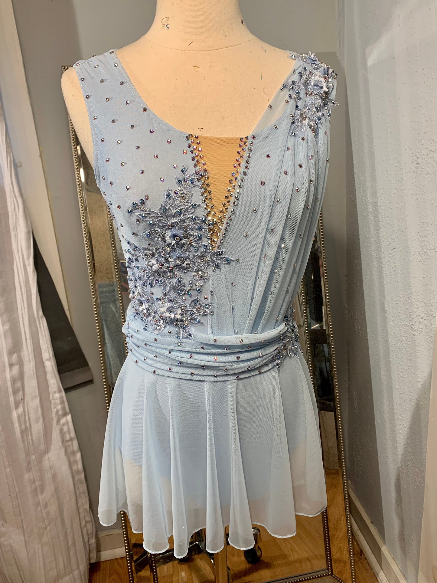 BELLE sky blue appliqued figure skating dress