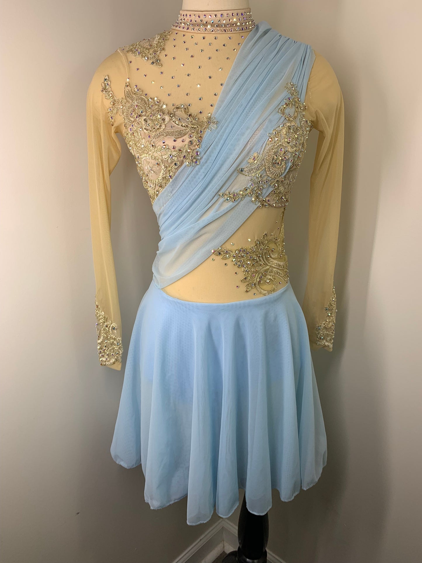 HALLE Sky blue and gold long sleeved Figure Skating Dress