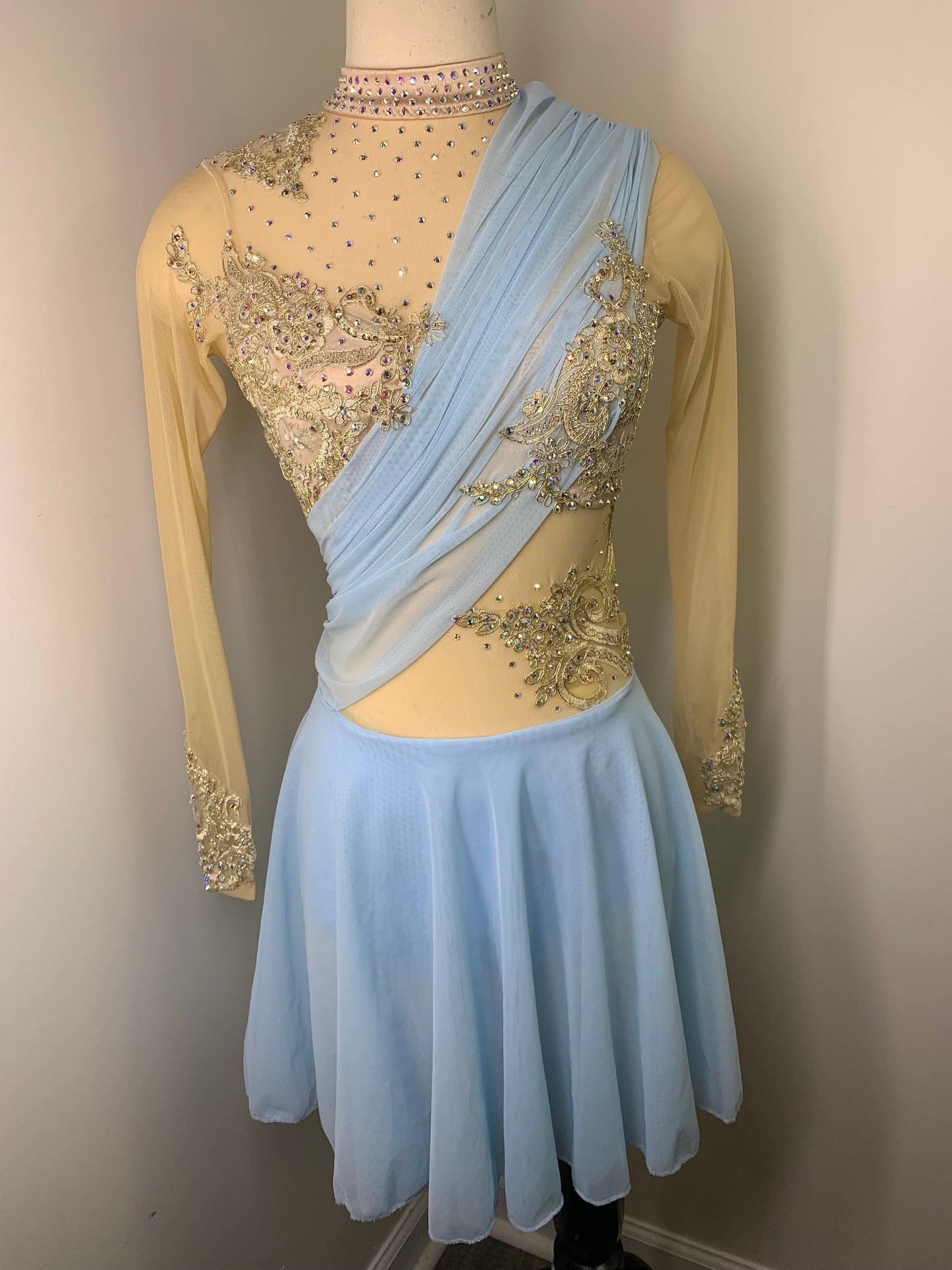 HALLE Sky blue and gold long sleeved Figure Skating Dress